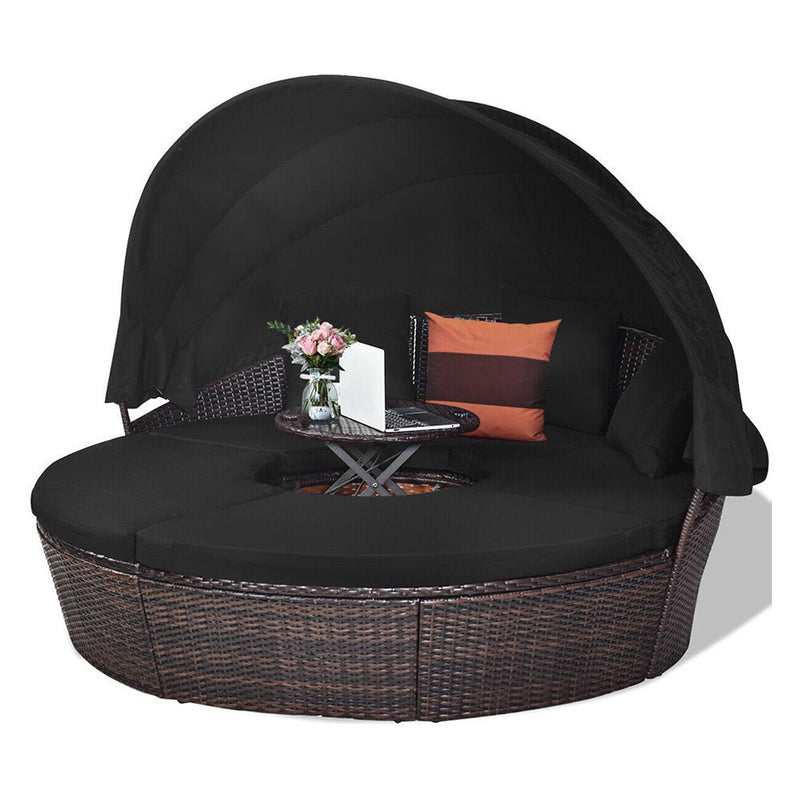 Alora Premium Black Outdoor Patio Rattan Daybed Sofa W/ Adjustable Table Top, Canopy & 3 Pillows, 76'' (92534186)