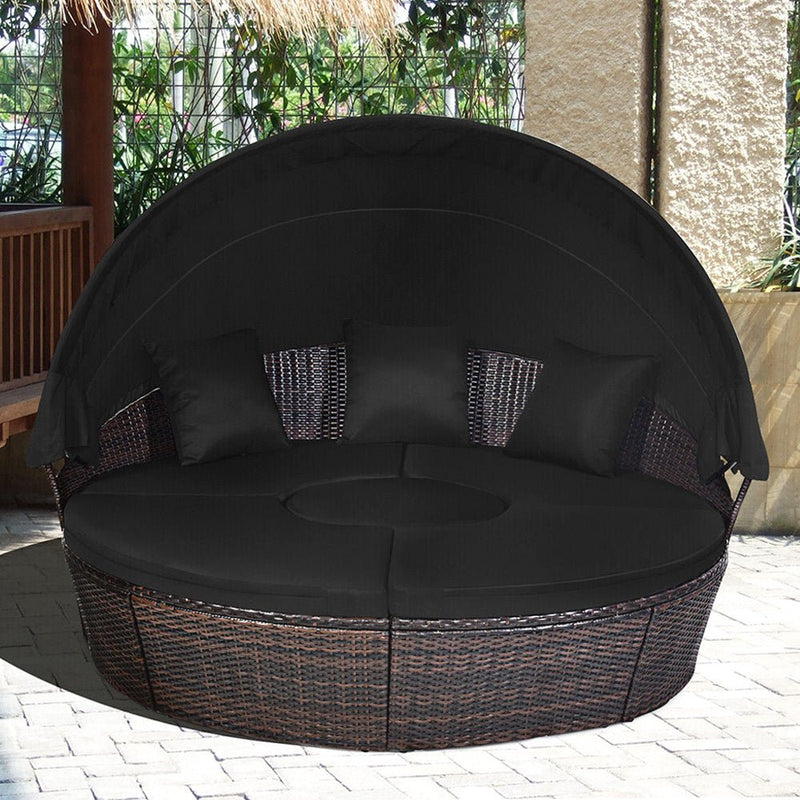 Alora Premium Black Outdoor Patio Rattan Daybed Sofa W/ Adjustable Table Top, Canopy & 3 Pillows, 76'' (92534186)