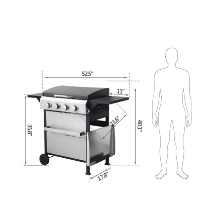 Premium Outdoor 4-Burner Propane BBQ Grill With Foldable Side Tables, Hanging Basket, And Cooking Grids (SAK53213)