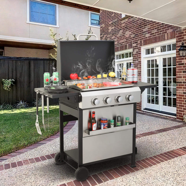 Premium Outdoor 4-Burner Propane BBQ Grill With Foldable Side Tables, Hanging Basket, And Cooking Grids (SAK53213)