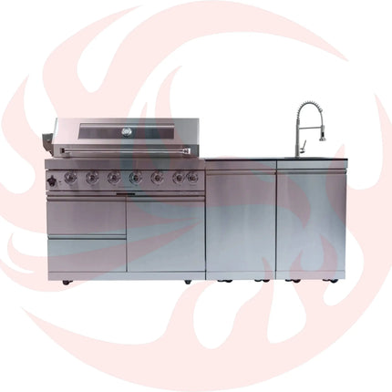Castelle Flame Outdoor BBQ Kitchen Island With 43-Inch 6-Burner 85K BTU Propane Gas Grill, Rotisserie Kit, And Storage Cabinets (SAK95623) - Phoenix Fire Art Store