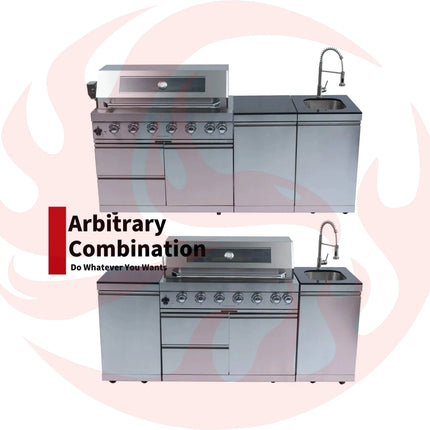 Castelle Flame Outdoor BBQ Kitchen Island With 43-Inch 6-Burner 85K BTU Propane Gas Grill, Rotisserie Kit, And Storage Cabinets (SAK95623) - Phoenix Fire Art Store