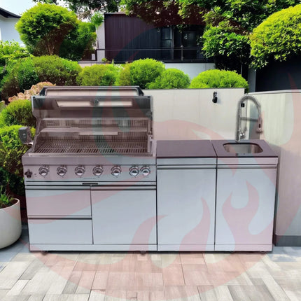 Castelle Flame Outdoor BBQ Kitchen Island With 43-Inch 6-Burner 85K BTU Propane Gas Grill, Rotisserie Kit, And Storage Cabinets (SAK95623) - Phoenix Fire Art Store