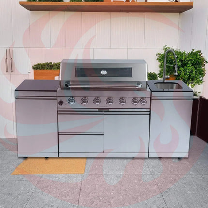 Castelle Flame Outdoor BBQ Kitchen Island With 43-Inch 6-Burner 85K BTU Propane Gas Grill, Rotisserie Kit, And Storage Cabinets (SAK95623) - Phoenix Fire Art Store