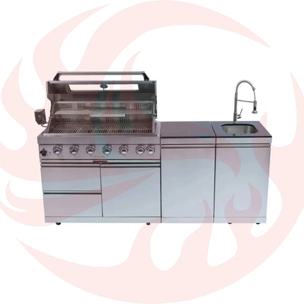 Castelle Flame Outdoor BBQ Kitchen Island With 43-Inch 6-Burner 85K BTU Propane Gas Grill, Rotisserie Kit, And Storage Cabinets (SAK95623) - Phoenix Fire Art Store