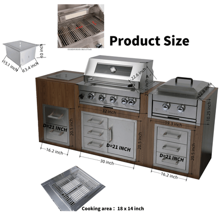 Premium Outdoor Kitchen With 32-Inch 60K BTU Built-In Stainless Steel LPG Gas Grill, Door And Drawer Combo And Stainless Steel Ice Box (SAK98661)