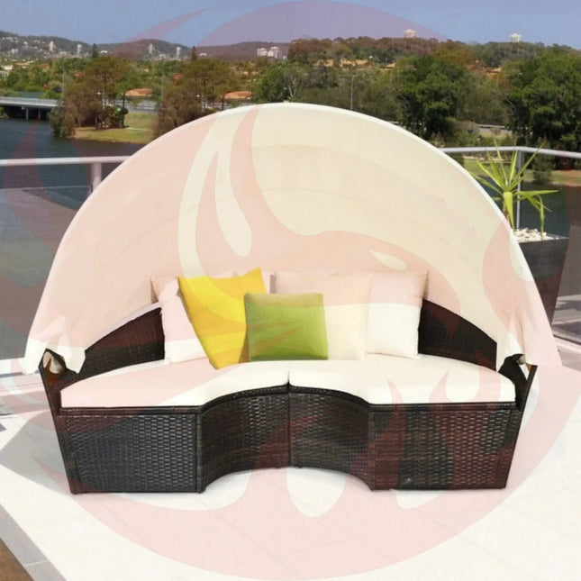 Premium Round Outdoor Patio Rattan Daybed W/ Canopy & Table, 76" (SAK96418) - Phoenix Fire Art Store