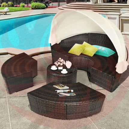 Premium Round Outdoor Patio Rattan Daybed W/ Canopy & Table, 76" (SAK96418) - Phoenix Fire Art Store