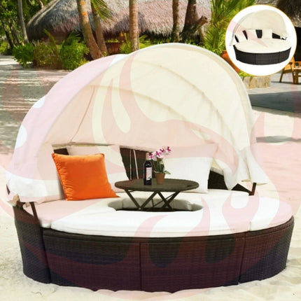 Premium Round Outdoor Patio Rattan Daybed W/ Canopy & Table, 76" (SAK96418) - Phoenix Fire Art Store