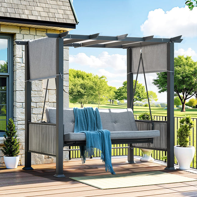 Pamapic 3-Seat Outdoor Metal Pergola Porch Swing Bed - Gray