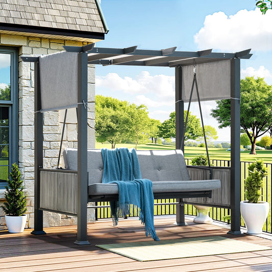 3-Seat Outdoor Pergola Swing Bed with UV Protection Canopy & Cushions - Gray Steel Frame