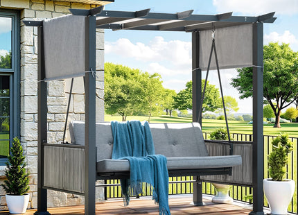 Pamapic 3-Seat Outdoor Metal Pergola Porch Swing Bed with Stand & Cushion, Gray Pamapic