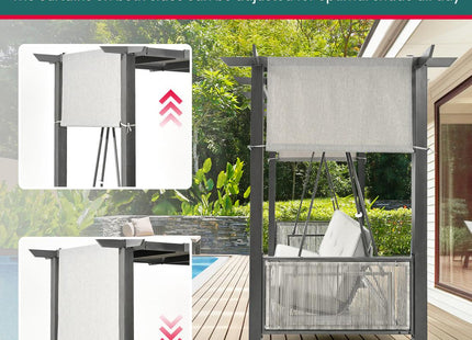 Pamapic 3-Seat Outdoor Metal Pergola Porch Swing Bed with Stand & Cushion, Gray Pamapic