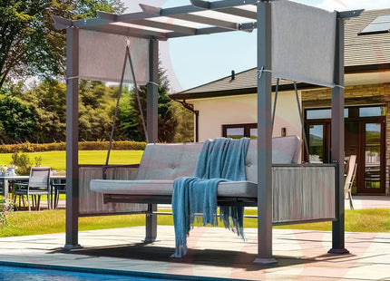 Pamapic 3-Seat Outdoor Metal Pergola Porch Swing Bed with Stand & Cushion, Gray Pamapic