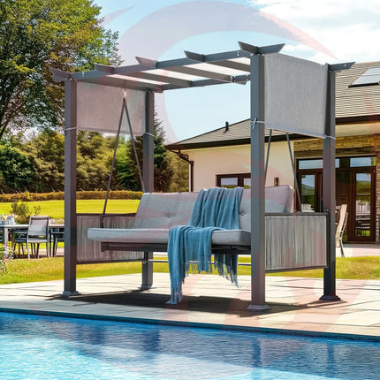 Pamapic 3-Seat Outdoor Metal Pergola Porch Swing Bed with Stand & Cushion, Gray Pamapic