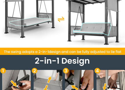 Pamapic 3-Seat Outdoor Metal Pergola Porch Swing Bed with Stand & Cushion, Gray Pamapic
