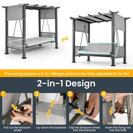 Pamapic 3-Seat Outdoor Metal Pergola Porch Swing Bed with Stand & Cushion, Gray Pamapic