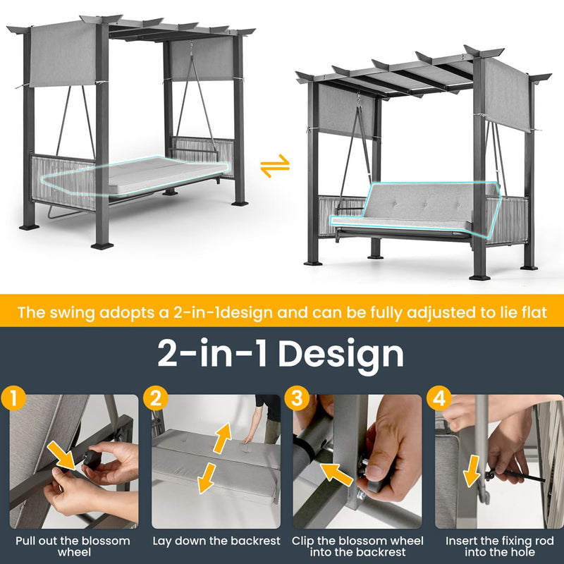 Pamapic 3-Seat Outdoor Metal Pergola Porch Swing Bed with Stand & Cushion, Gray