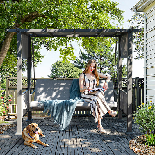 3-Seat Outdoor Pergola Swing Bed with UV Protection Canopy & Cushions - Gray Steel Frame