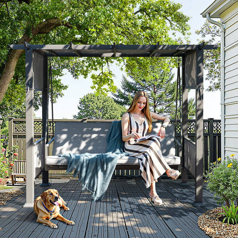 Pamapic 3-Seat Outdoor Metal Pergola Porch Swing Bed with Stand & Cushion, Gray
