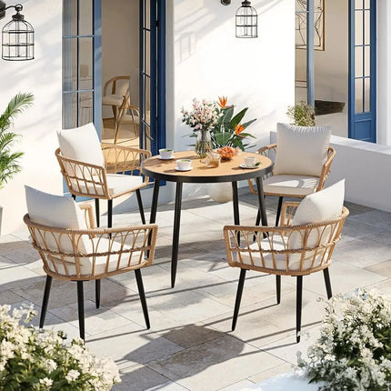Pamapic Patio Round Dining Set with Wood Table Top & Wicker Rattan Chairs Pamapic