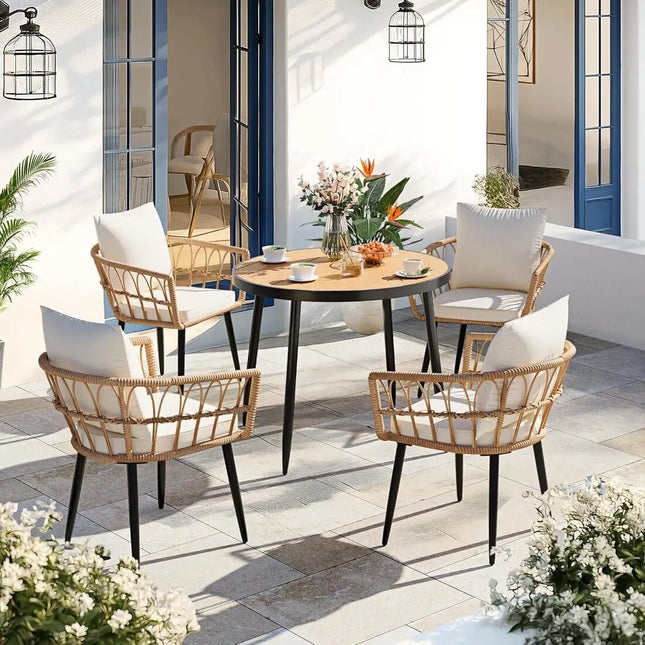 Pamapic Patio Round Dining Set with Wood Table Top & Wicker Rattan Chairs Pamapic