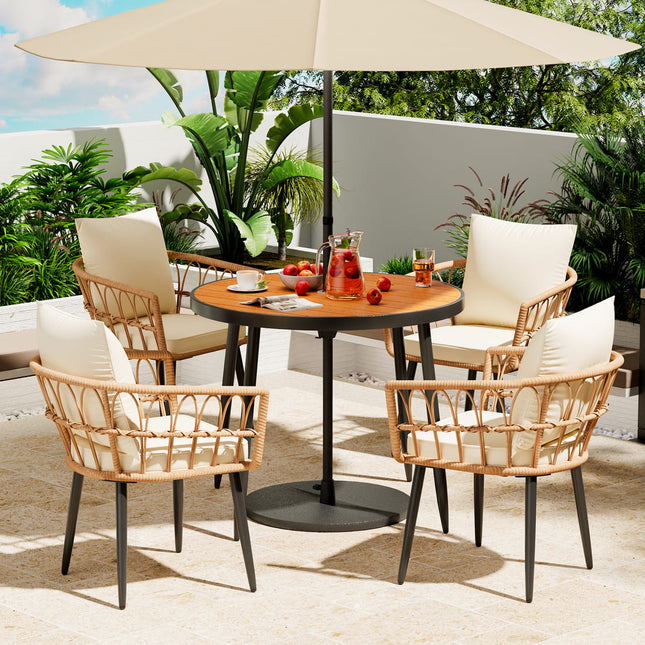 Pamapic Patio Round Dining Set with Wood Table Top & Wicker Rattan Chairs Pamapic
