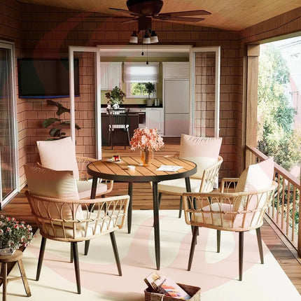 Pamapic Patio Round Dining Set with Wood Table Top & Wicker Rattan Chairs Pamapic