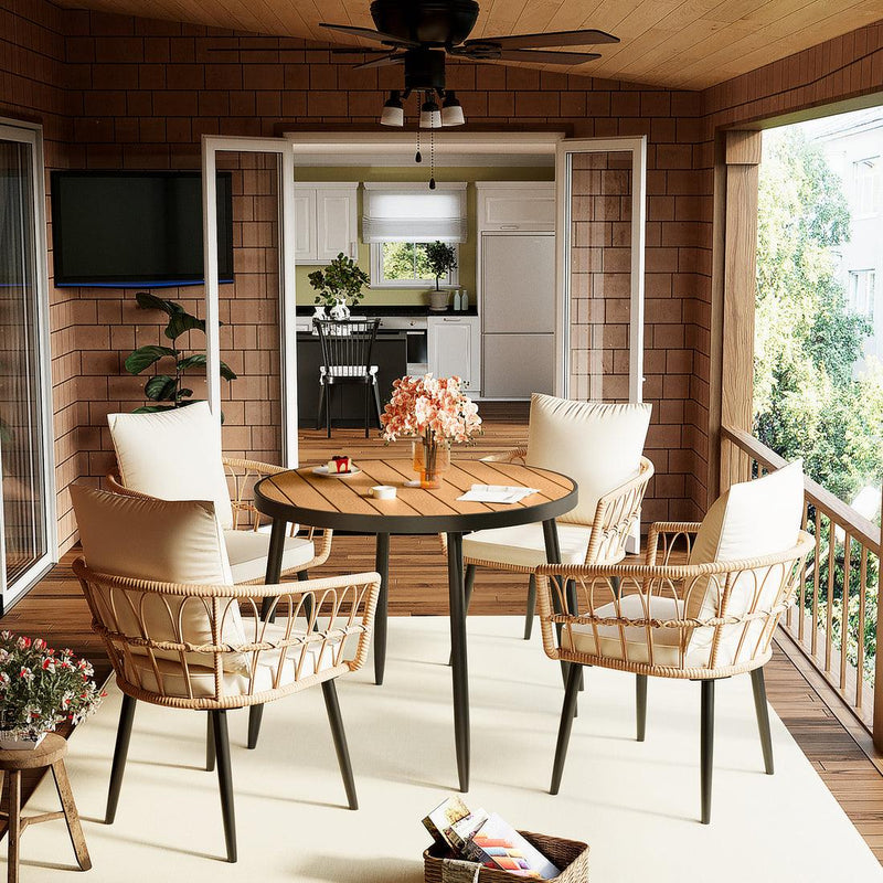 Pamapic Patio Round Dining Set with Wood Table Top & Wicker Rattan Chairs