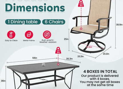 Pamapic Textilene Dining Table with 6 Swivel Chairs (7 Pieces) Pamapic