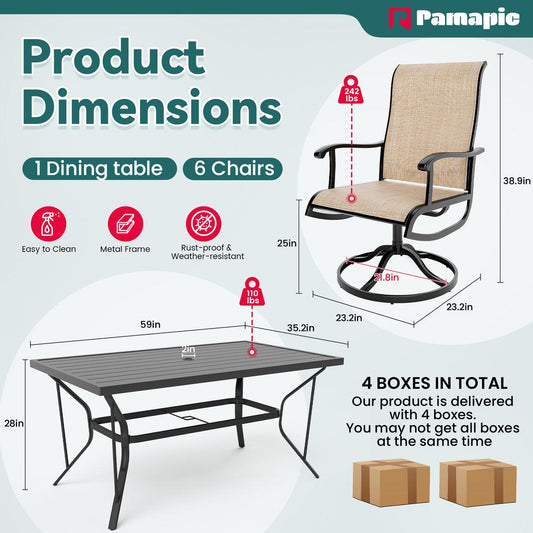 Pamapic 7-Piece Outdoor Dining Set - Textilene Table with 6 Swivel Chairs