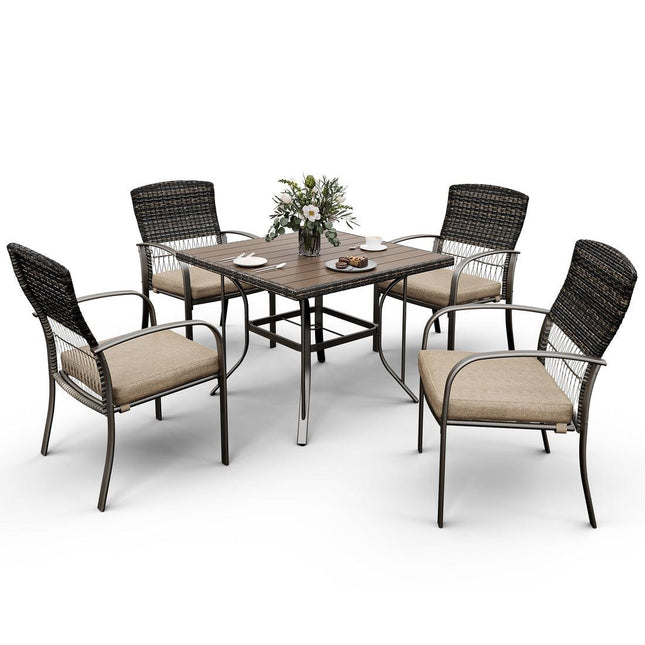Pamapic Outdoor Dining Set for 4 - Iron Frame & Rattan Backrest Patio Furniture