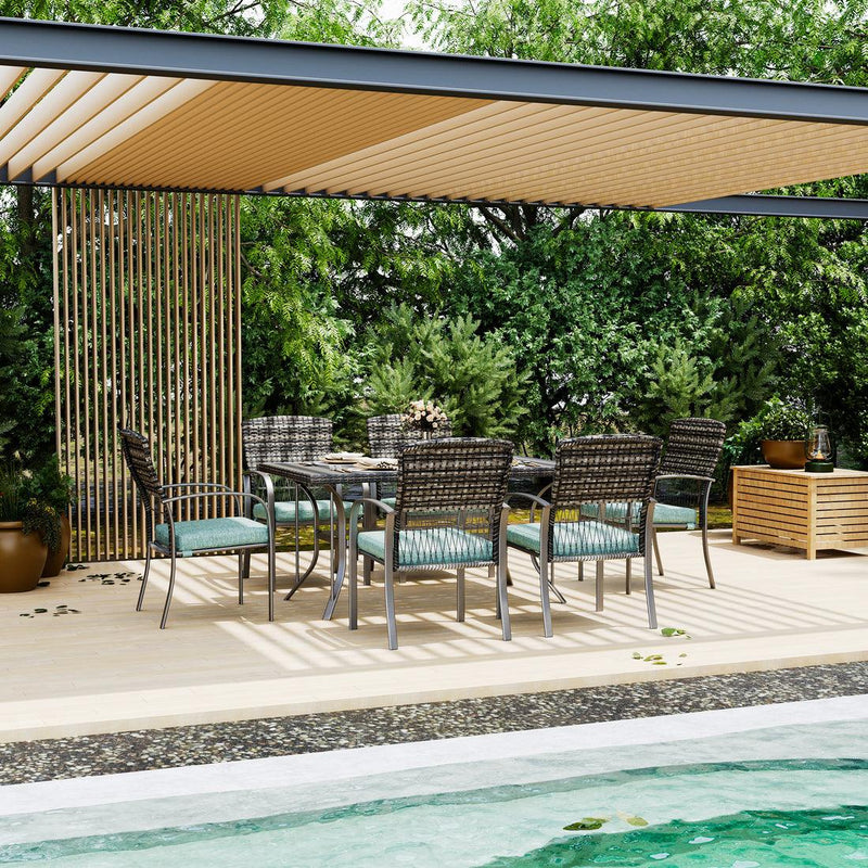 Pamapic Metal Outdoor Dining Sets for 6 with Iron Slats Table Top & Removable Cushion