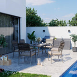 Pamapic Metal Outdoor Dining Sets for 6 with Iron Slats Table Top & Removable Cushion