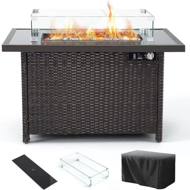 Pamapic 42" Rectangular Propane Fire Pit Table with Glass Wind Guard, 50,000 BTU Output