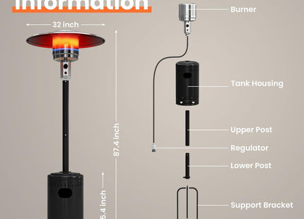 Pamapic 48000 BTU Propane Freestanding Patio Heater with Cover & Wheels for Outside Decks Pamapic