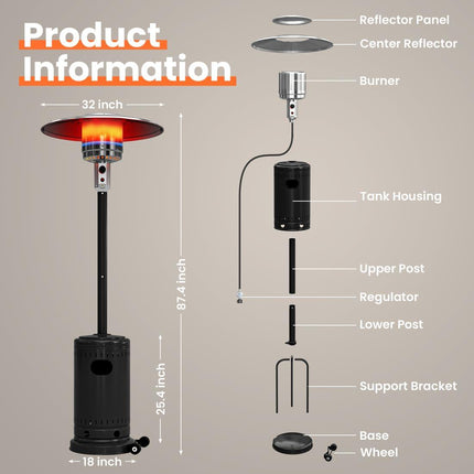 Pamapic 48000 BTU Propane Freestanding Patio Heater with Cover & Wheels for Outside Decks