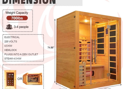 Rövia Aurora 3-Person Indoor Hybrid Sauna Room With Infrared And 4.5KW Steam Heaters (SAK41592) - Phoenix Fire Art Store