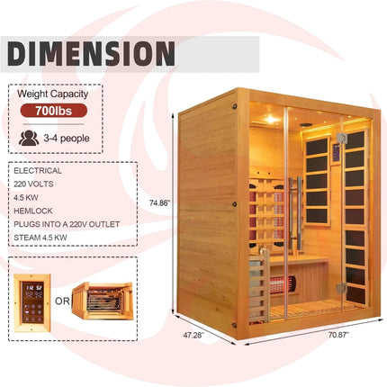 Rövia Aurora 3-Person Indoor Hybrid Sauna Room With Infrared And 4.5KW Steam Heaters (SAK41592) - Phoenix Fire Art Store