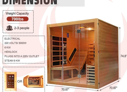 Rövia Oasis 3-Person Indoor Hybrid Sauna Room With Built-In Lounge Chair (SAK35182) - Phoenix Fire Art Store