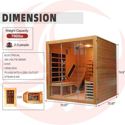 Rövia Oasis 3-Person Indoor Hybrid Sauna Room With Built-In Lounge Chair (SAK35182) - Phoenix Fire Art Store