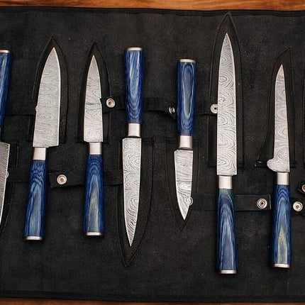 Handmade Damascus Steel Kitchen Knives Set with Leather Roll