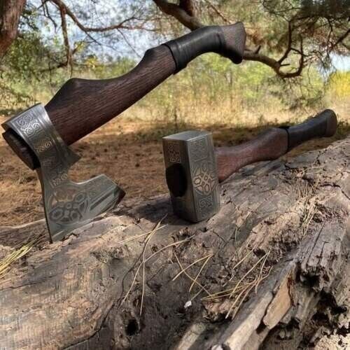 Battle Axe Set: Tomahawk and Hammer with Custom Handmade Forged Engraved 1095 Steel Blade – Warrior's Duo