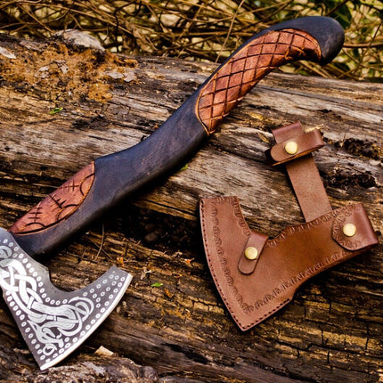 Handcrafted Battle Axe with Engraved 1095 Steel Blade and Hand Engraved Rosewood Handle – KBS Knives Store