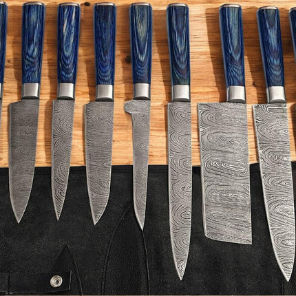 Handmade Damascus Steel Kitchen Knives Set with Leather Roll