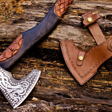 Handcrafted Battle Axe with Engraved 1095 Steel Blade and Hand Engraved Rosewood Handle – KBS Knives Store