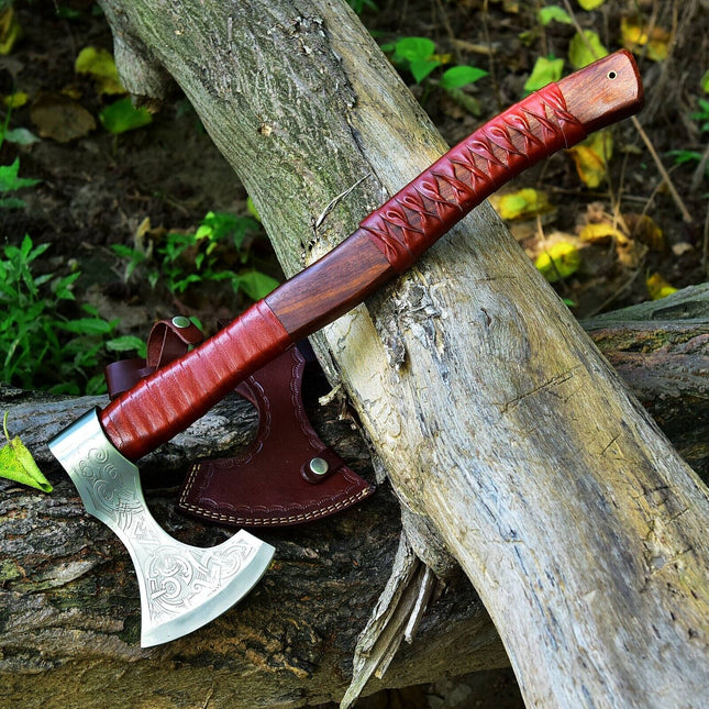 Custom Handmade Hand Engraved High Carbon Steel Viking Tomahawk Axe with Rosewood Handle and Leather Wrap by KBS Knives Store