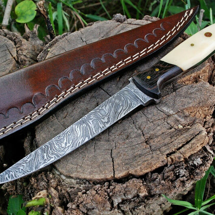Custom Handmade Damascus Steel Fillet Knife with Wenge Wood and Bone Handle - 11-inch Overall Length"