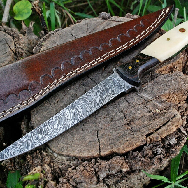 Custom Handmade Damascus Steel Fillet Knife with Wenge Wood and Bone Handle - 11-inch Overall Length"