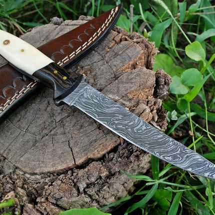 Custom Handmade Damascus Steel Fillet Knife with Wenge Wood and Bone Handle - 11-inch Overall Length"